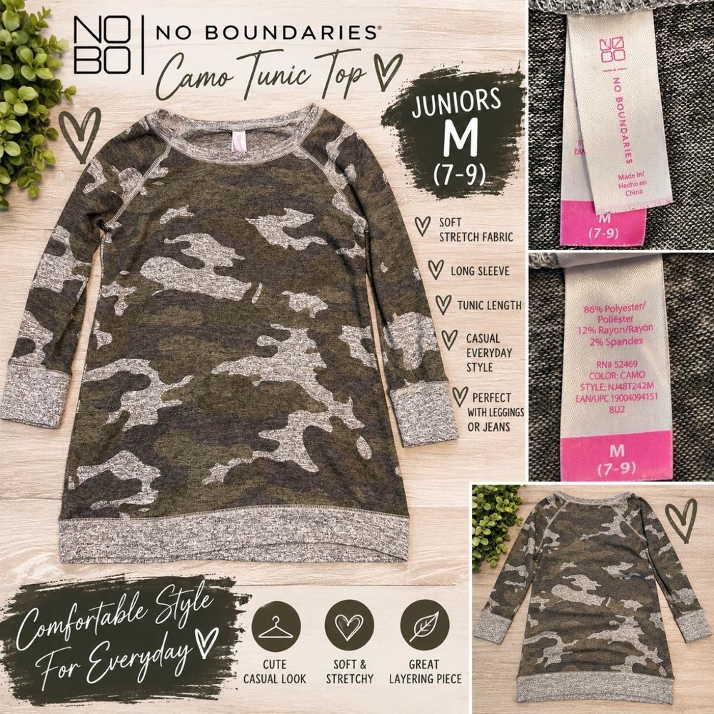 No Boundaries Camo Long Sleeve Tunic Top โ Juniors M 7/9